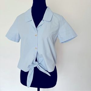 Sz XS Aritzia WILFRED Tie Front Short Sleeve Button Down Shirt in Blue